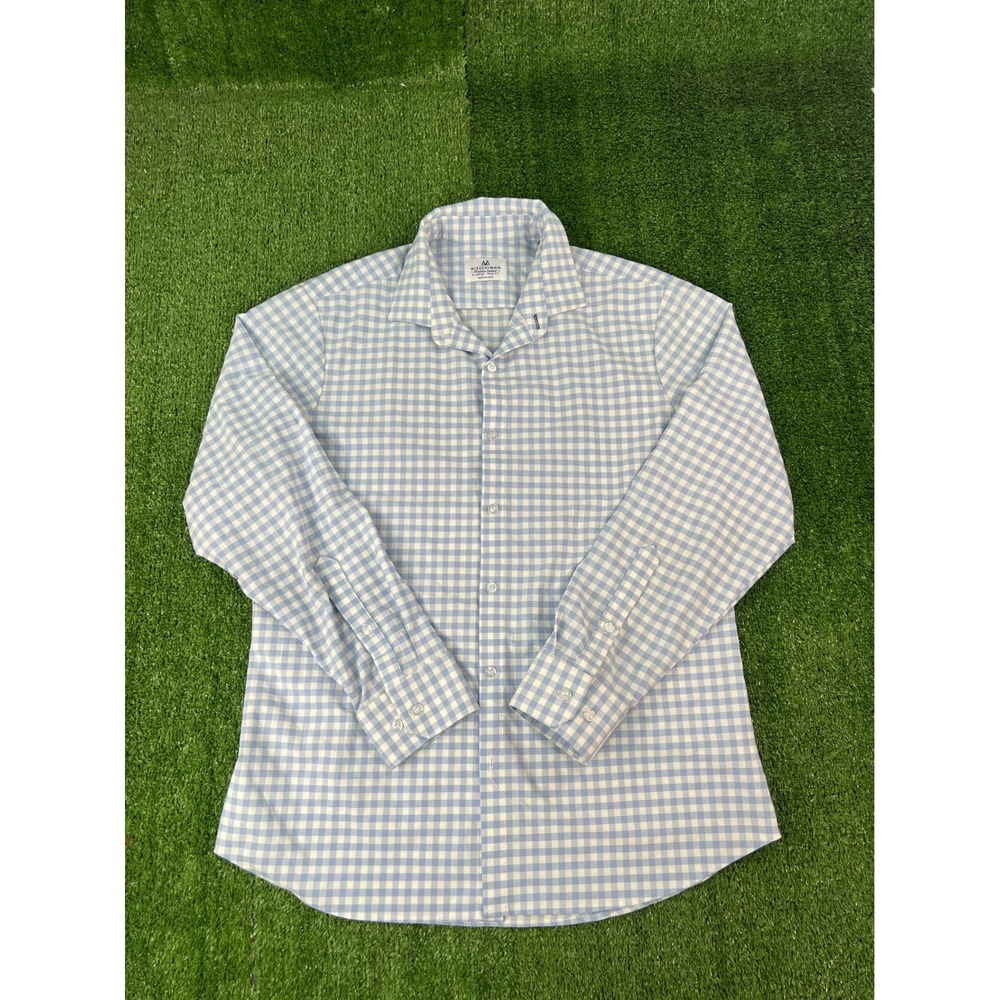 Mizzen+Main Mens XL Trim Fit Gingham Performance Dress Shirt Light Blue White